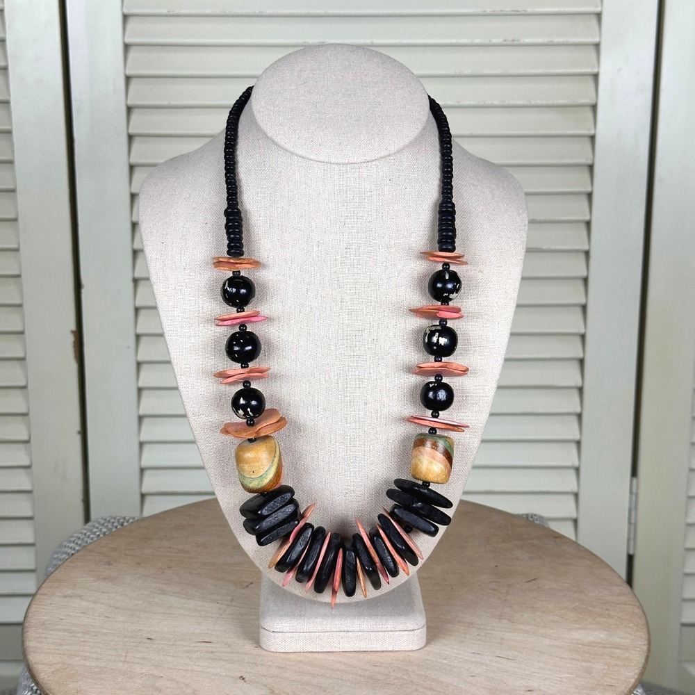 Vintage Black Coral Wood Disc Statement Necklace Tribal Boho 80s Artisan Jewelry
